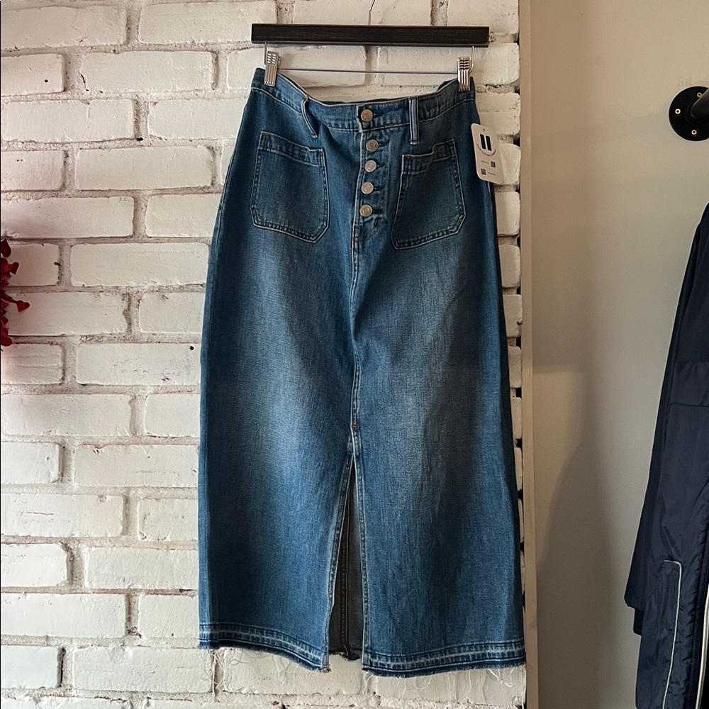 Women's Blue Denim Skirt Jean Skirt with front slit and button closure